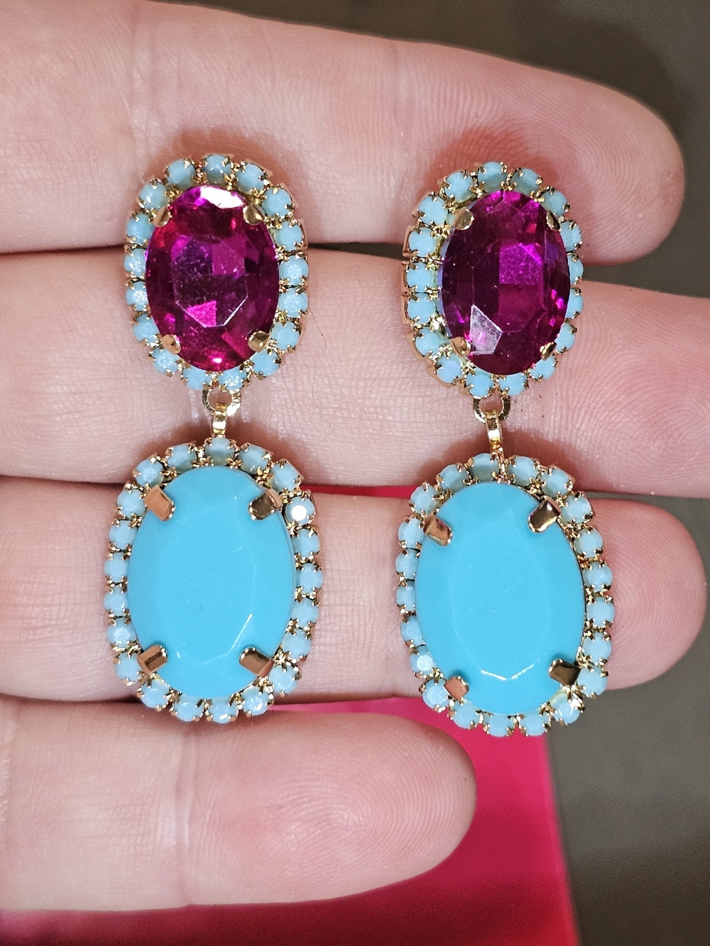 Gold-Tone Pink and Turquoise Oval Drop Earrings